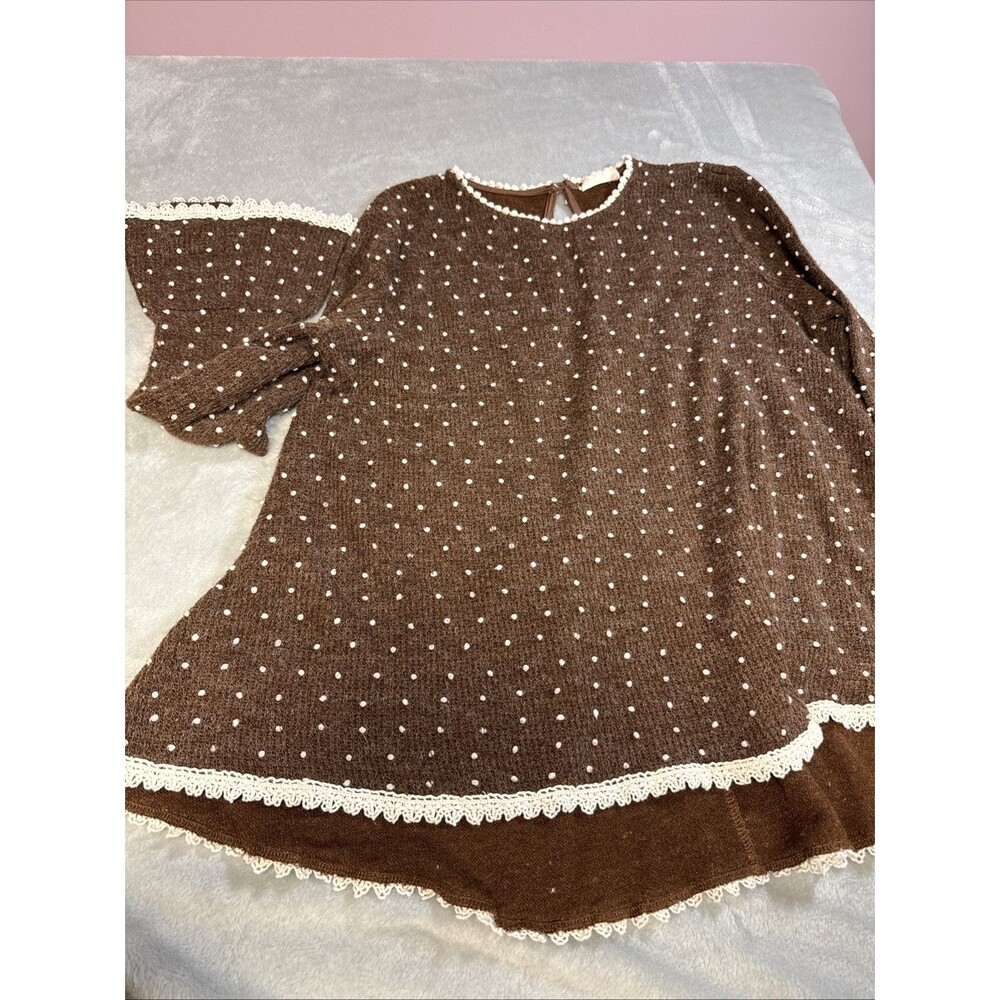 Altar’d State Brown And Cream Dot Sweater Crochet Lace Trim Bell Sleeve Size L